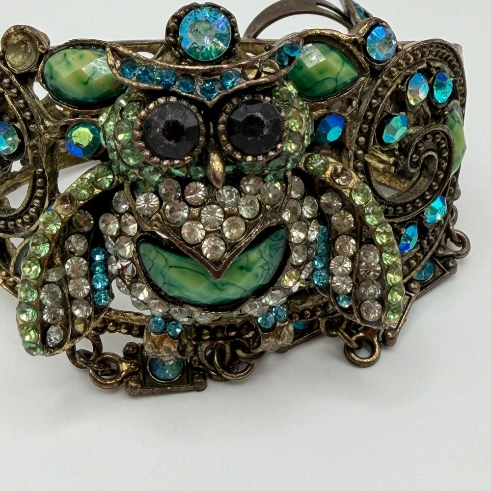 Vintage Style Owl Slave Bracelet Hand Flower Ring Set Green Blue Rhinestone Cuff